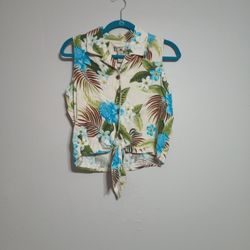 Sleeveless Summer Blouse. Caribbean Joe Size L. Cream Teal And Green Tropical Flowers 