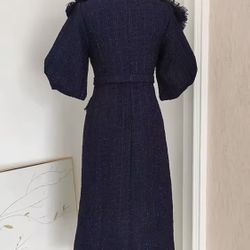 Navy Blue Tweed Belted Midi Dress and Pointed-Toe 12cm Stiletto Pump Set | 2-Piece