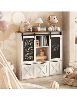 Toy Storage Organizer with Sliding Chalkboard, White