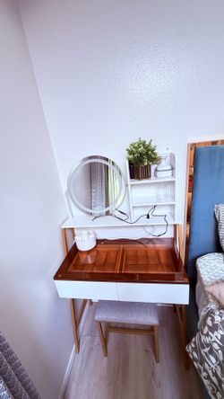 Modern White & Gold Vanity Makeup Desk with Mirror, Stool & Organization Shelves