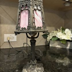 Antique ART NOUVEAU Boudoir Metal Table Lamp 6 Panel With Pink Slag Glass Shade