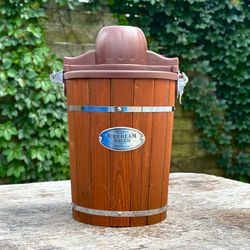 Vintage 6 Qt. Brown Dark Wood Bucket Electric Ice Cream Maker