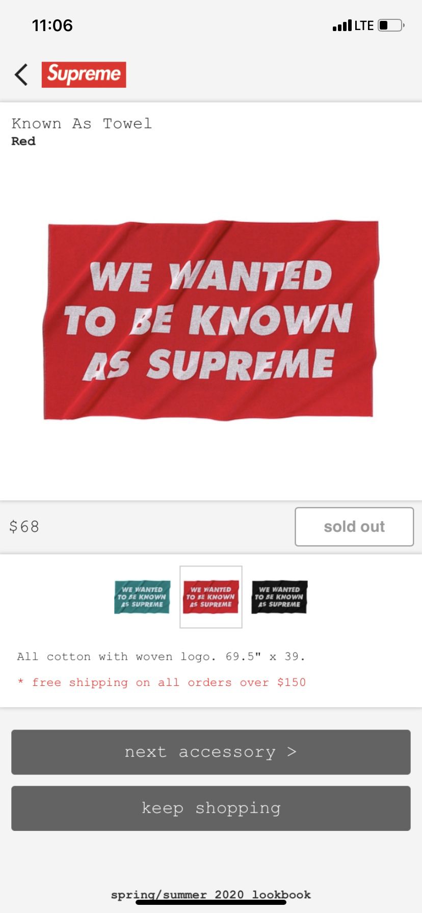 Supreme Towel SS2020 Red