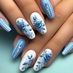 24-pcs. Blue Floral Long Press-On Nails