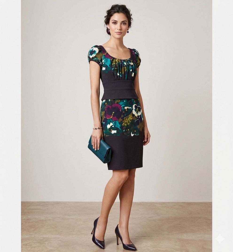Suzi Chin Maggy Boutique Dress 4 Pencil Straight Floral Colourful 🦋Gathered