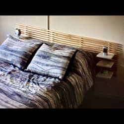 Ikea  Queen Birch Hanging Headboard With Floating shelves And A Metal Bed Frame