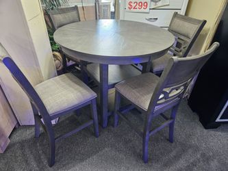 Brand new 42" x 36"H round gray storage pub high dining table + 4 gray linen chairs