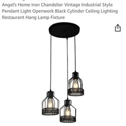 Angel's Home Iron Chandelier Vintage Industrial Style Pendant Light Openwork Black Cylinder Ceiling Lighting Restaurant Hang Lamp Fixture