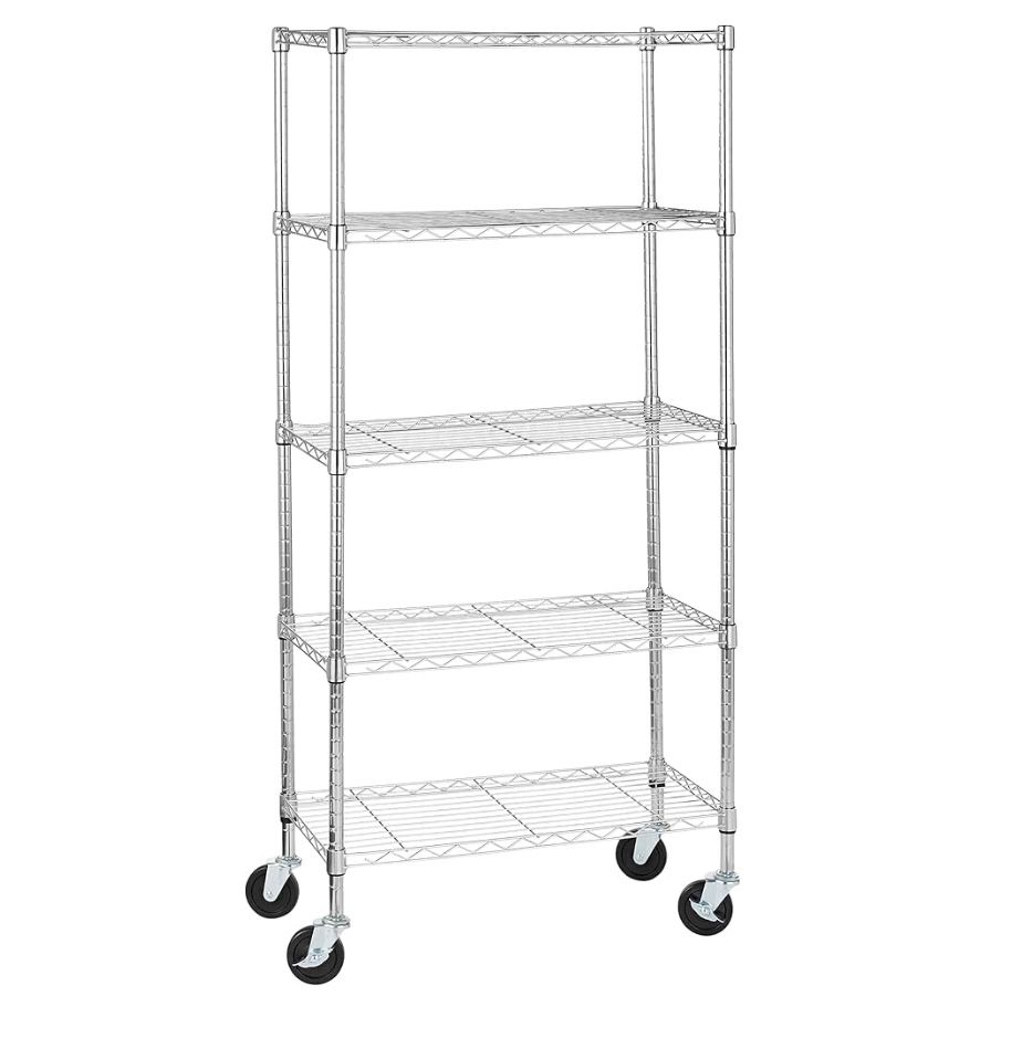 5 Shelf Adjustable, Heavy Duty Storage Shelving Unit on 4'' Wheel Casters, Metal Organizer Wire Rack, 30" L x 14" W x 64.8" H, Chrome