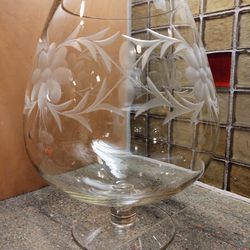 Mid Century Etched Glass Brandy Shape Hurricane Vase