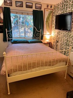 IKEA Queen White Metal Bed Frame w/ Wood Slats