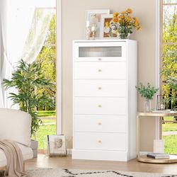 6 Drawer White Gold Dresser, 51.4" Tall Chest of Drawers with Glass Doors, Wood Storage Cabinet for Bedroom Living Room