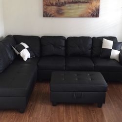 New Black Leather Sectional With Ottoman, Chaise And 2 Pillows Brand New 