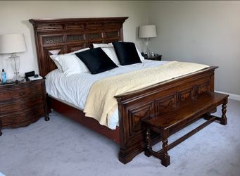 King Size Dark Wood Bed Frame two Nightstands and a dresser