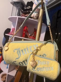 Juicy Couture Yellow Velvet Mini Shoulder Bag with Mint Trim & Gold Charm