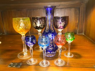 Vintage Bohemian Cut-to-Clear Crystal Decanter & Multi-Color Cordial Glasses Set