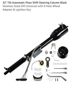 32" Tilt Automatic Floor Shift Steering Column Black Stainless Steel GM Universal with 9 Hole Wheel Adapter & Lgnition Key