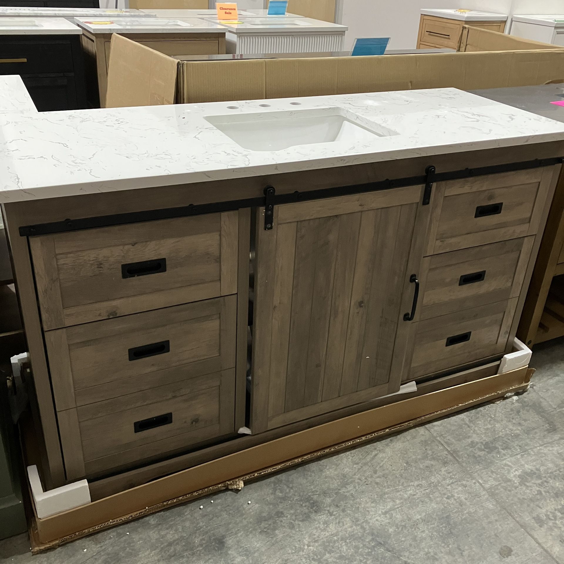 60" Bathroom Vanity Barn Door Stone Countertop (Damaged Top)