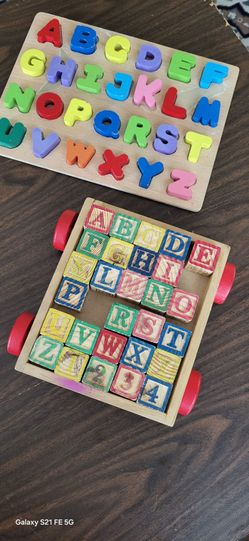 Wooden ABC Alphabet Puzzle + 30PCS Wooden Alphabet Blocks Wagon | Montessori Learning Toys