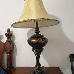 Vintage Pair of 39" Table Lamps - Tortoiseshell Glass & Ornate Bronze Bases 