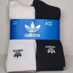 Adidas Mens Size 6-12 White And Black Athletic Crew Socks 6 Pair