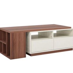 SL0008 43 in. Brown Rectangle Extendable Wood Coffee Table with 2-Drawers and Storage Shelves for Living Room
