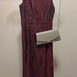 Maroon Beaded Formal Dress with Silver Clutch