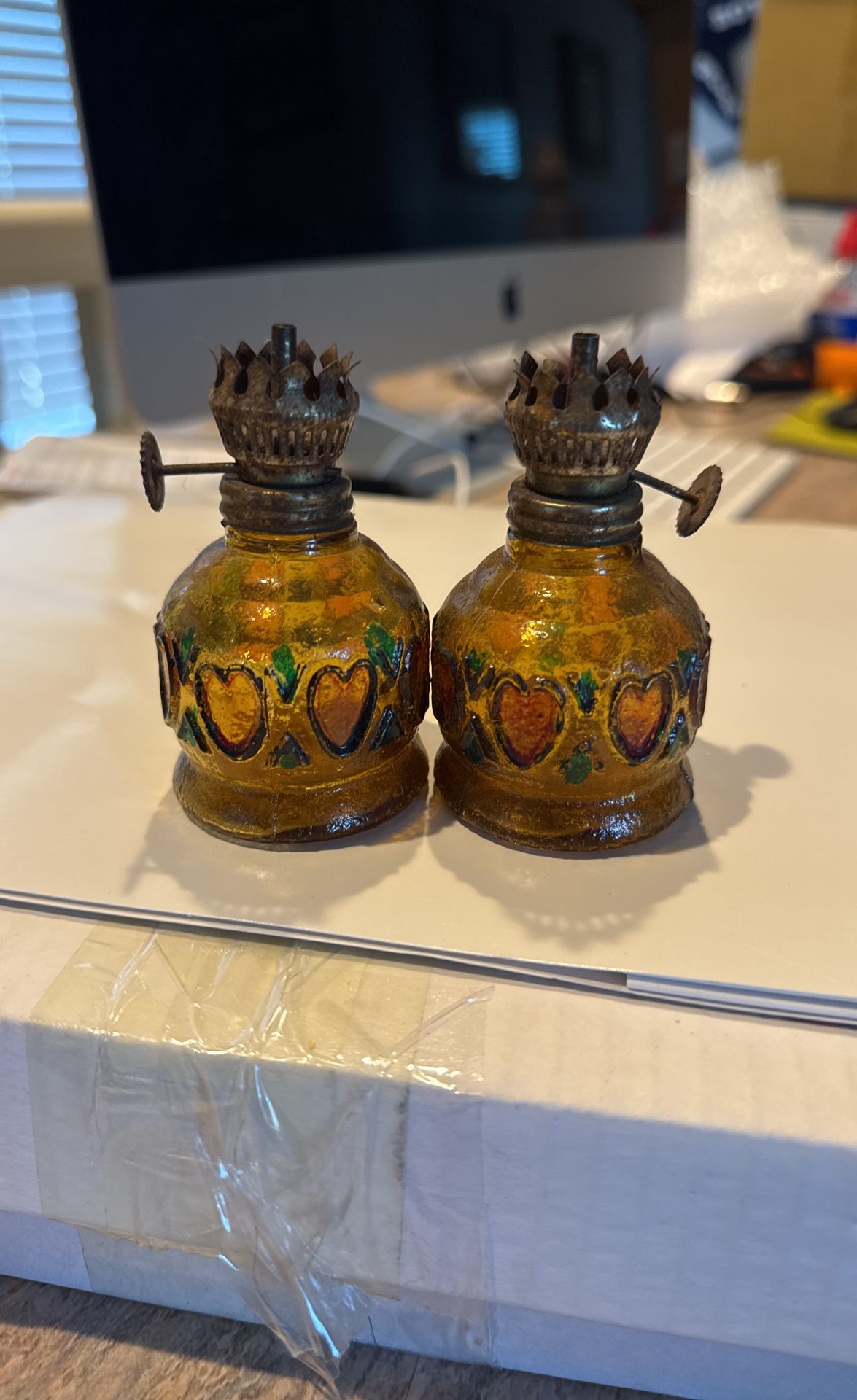 Pair Of Miniature Gold Glass With Heart Lanterns