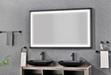 New in Box 84x48 in LED Wall Mount Mirror Oversized Black Framed Anti-Fog Dimmable