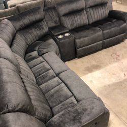 New Charcoal Black Velvet Sectional  Recliners And Cup Holders Etc Was $3499  Now $1500