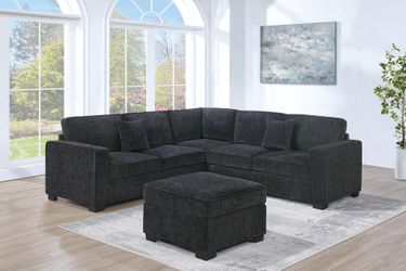 Brand New Black Chenille Sectional Sofa w Ottoman