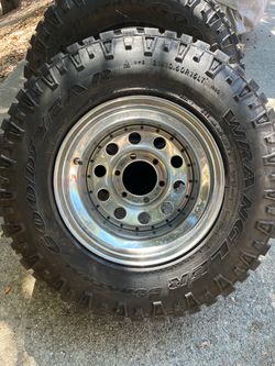 5 Goodyear Wrangler DuraTrac 31s - 15” 6-lug stainless wheels