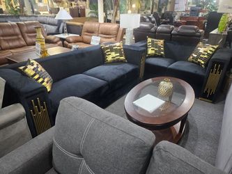 Brand new black velvet modern sofa + loveseat 2PCs set with gold trimming
