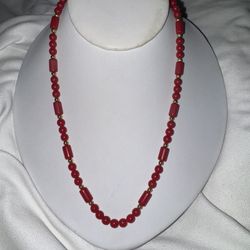 Vintage Monet Jewelry Red Bead And Gold Necklace 