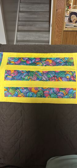 Think Spring!  Hand sewn Easter Springtime table runner doilie  patchwork pattern 38x12