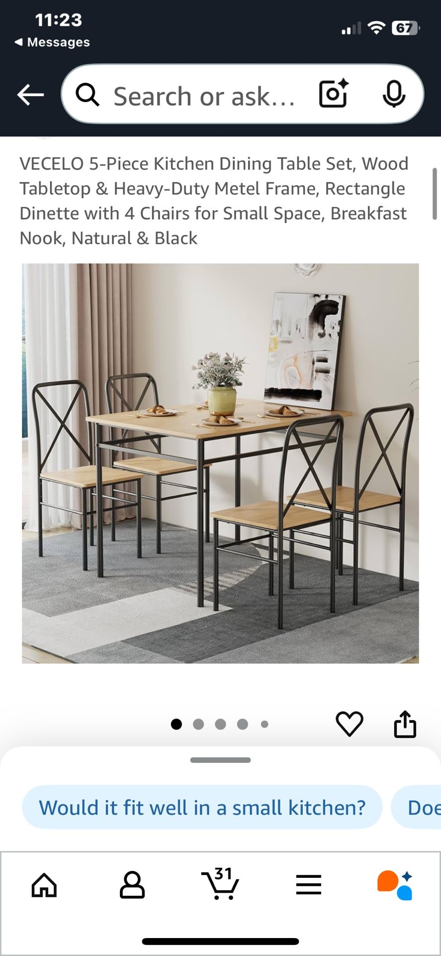 5-Piece Kitchen Dining Table Set, Wood Tabletop & Heavy-Duty Metel Frame, Rectangle Dinette with 4 Chairs for Small Space, Breakfast Nook, Natural