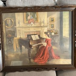 Antique Sonata TMCO lithograph from painting, beautiful wooden frame, signed M. Ditlef, Sonata Lady In Red Dress Playing Piano