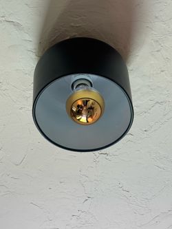 CB2 Black Flush Ceiling Light w Gold Bulb