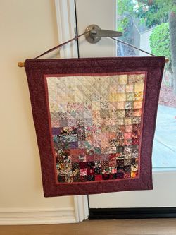 Handmade Patchwork Quilt Wall Hanging – Burgundy Border – Quilted Textile Art