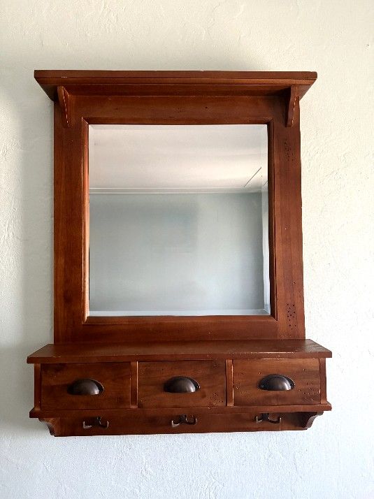 Rustic Solid Wood Wall Mirror with Drawers & Hooks – $85