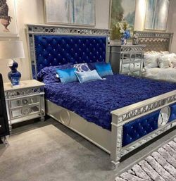 NEW IN BOX- Queen & King Size Glam Blue Velvet on Headboard Bed Frame FINANCE AVAILABLE