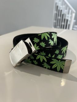 Black Canvas Belt with Cannabis Leaf Pattern & Silver Buckle