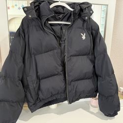 Playboy by PacSun Black Cropped Puffer Jacket Hooded Oversized M/L Bunny Logo