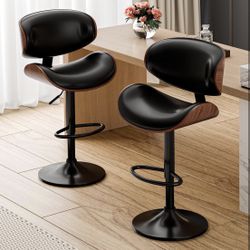 2 Pieces Black Bar Stools Adjustable Height Swivel Faux Leather Armless Barstools [NEW] **Assembly Req** 