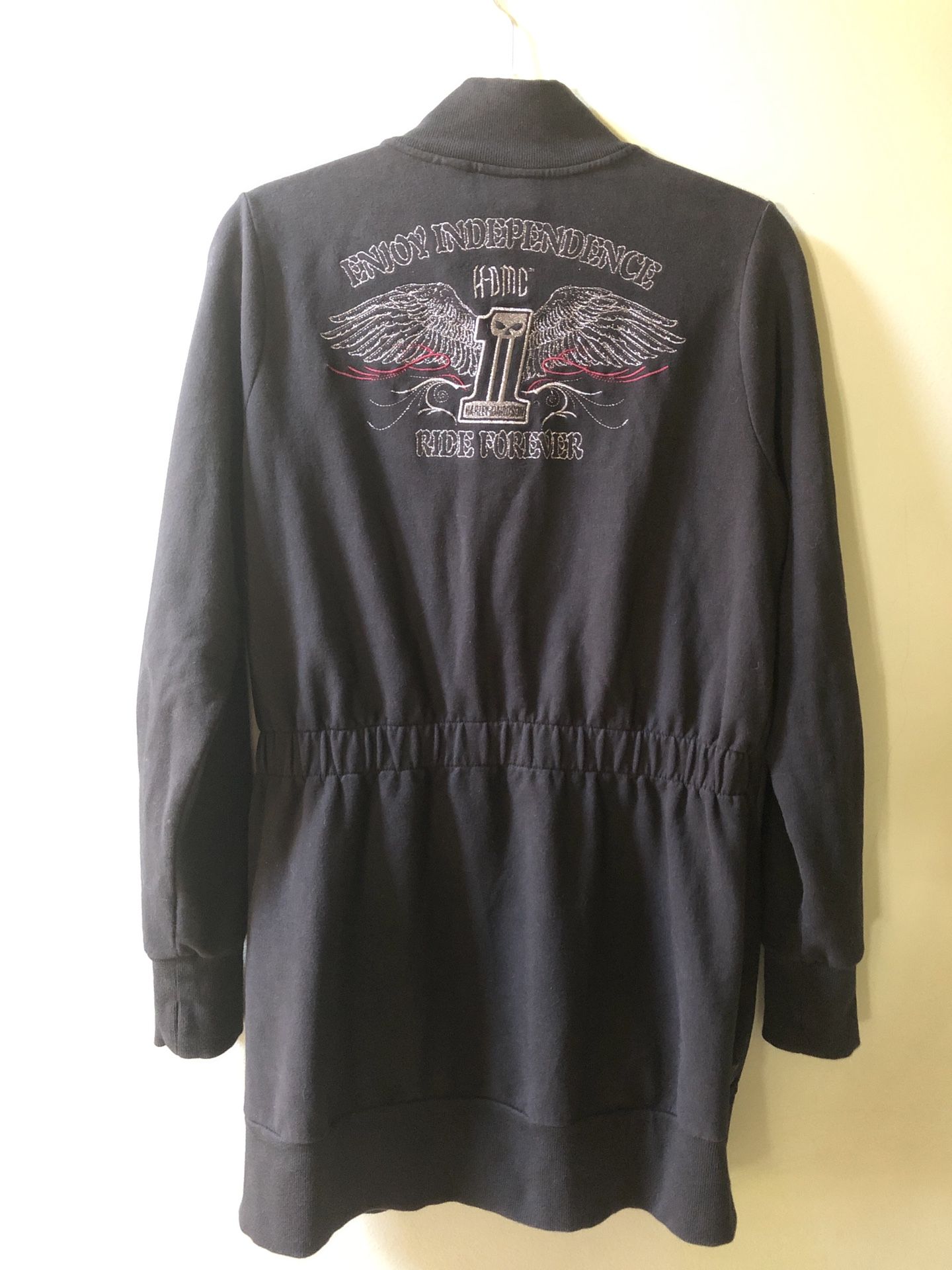 Harley Davidson Women’s Size L Tunic Length Full Zip Sweatshirt Jacket With Embroidered HD Emblem