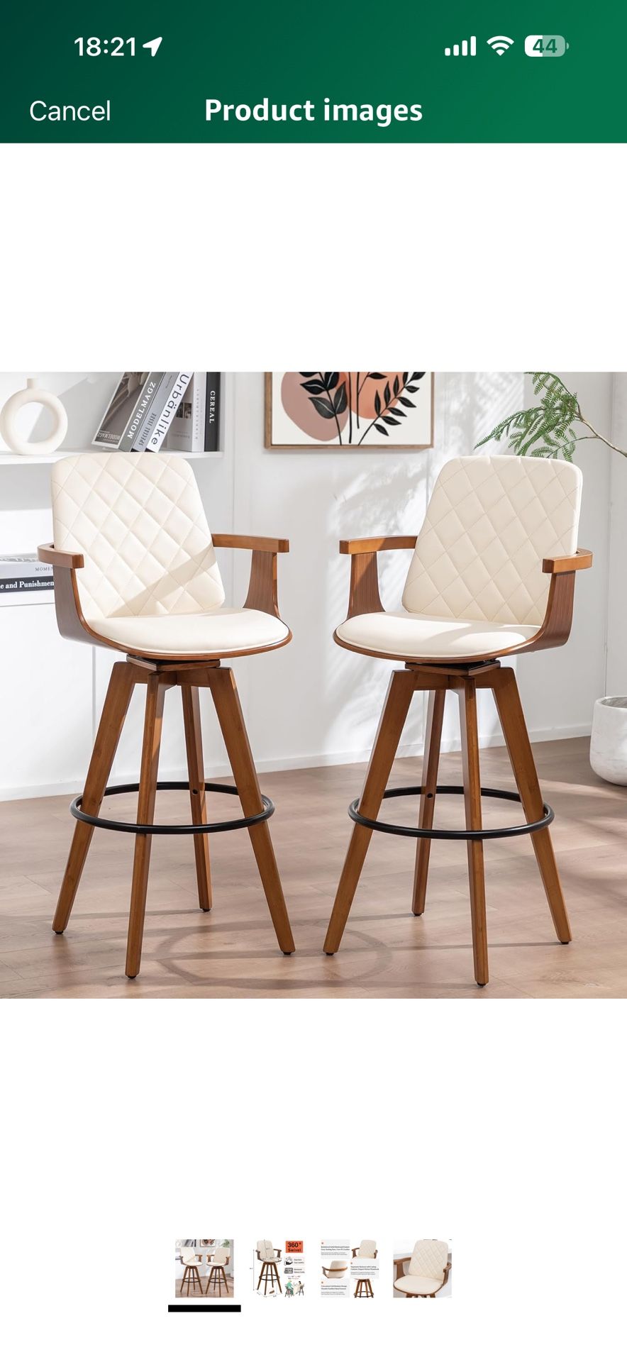 Swivel Bar Stools Set of 2 - 29.1 inch Mid Century Bar Stools with Walnut Craftsmanship, Curved Back and Arms, Upholstered Seat, Kitchen Island Stools