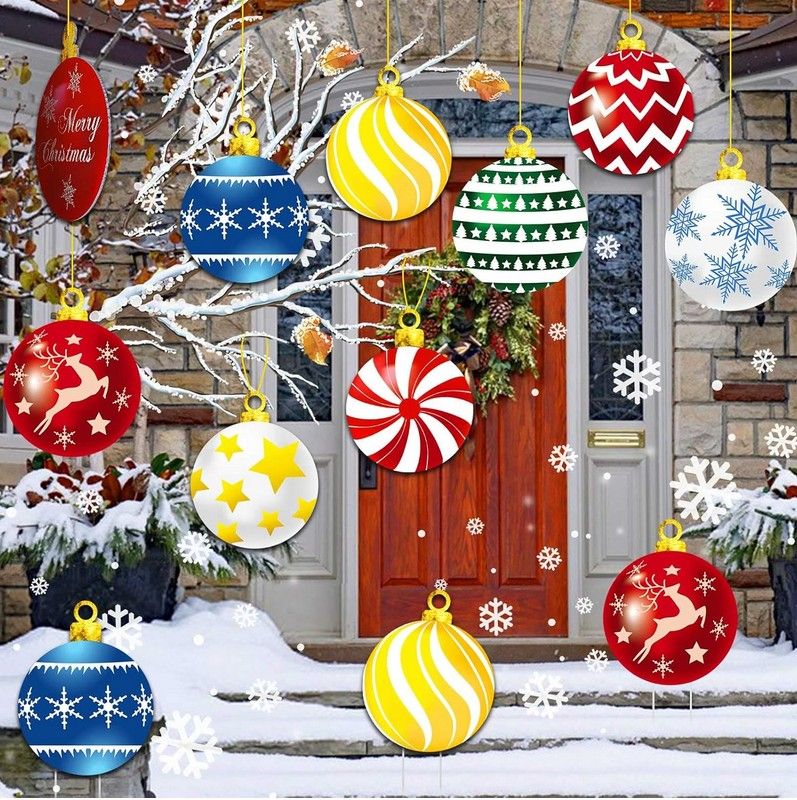 9Pcs Christmas Yard Signs with Stakes and Cords Christmas Balls Yard Signs Decorations for Outdoor Yard Porch Tree Lawn Decorations Xmas Party Decor(C