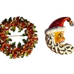 Christmas Santa and wreath Christopher Radko brooches