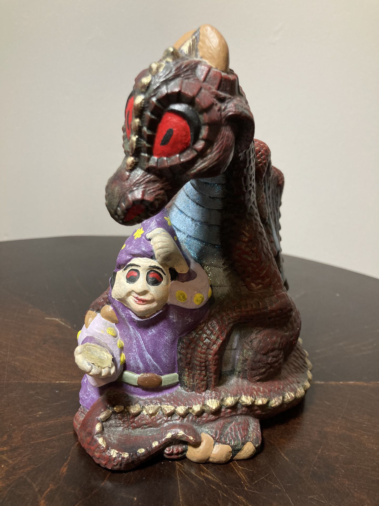 Vintage Handmade Ceramic Dragon & Wizard Figurine