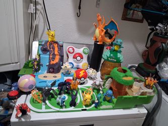 Pokemon toys collectible  set. good condition.  

it cones with:
- a hard plastic green backpack play set.
- a Pokemon blue Volcano play set
- a Pokem